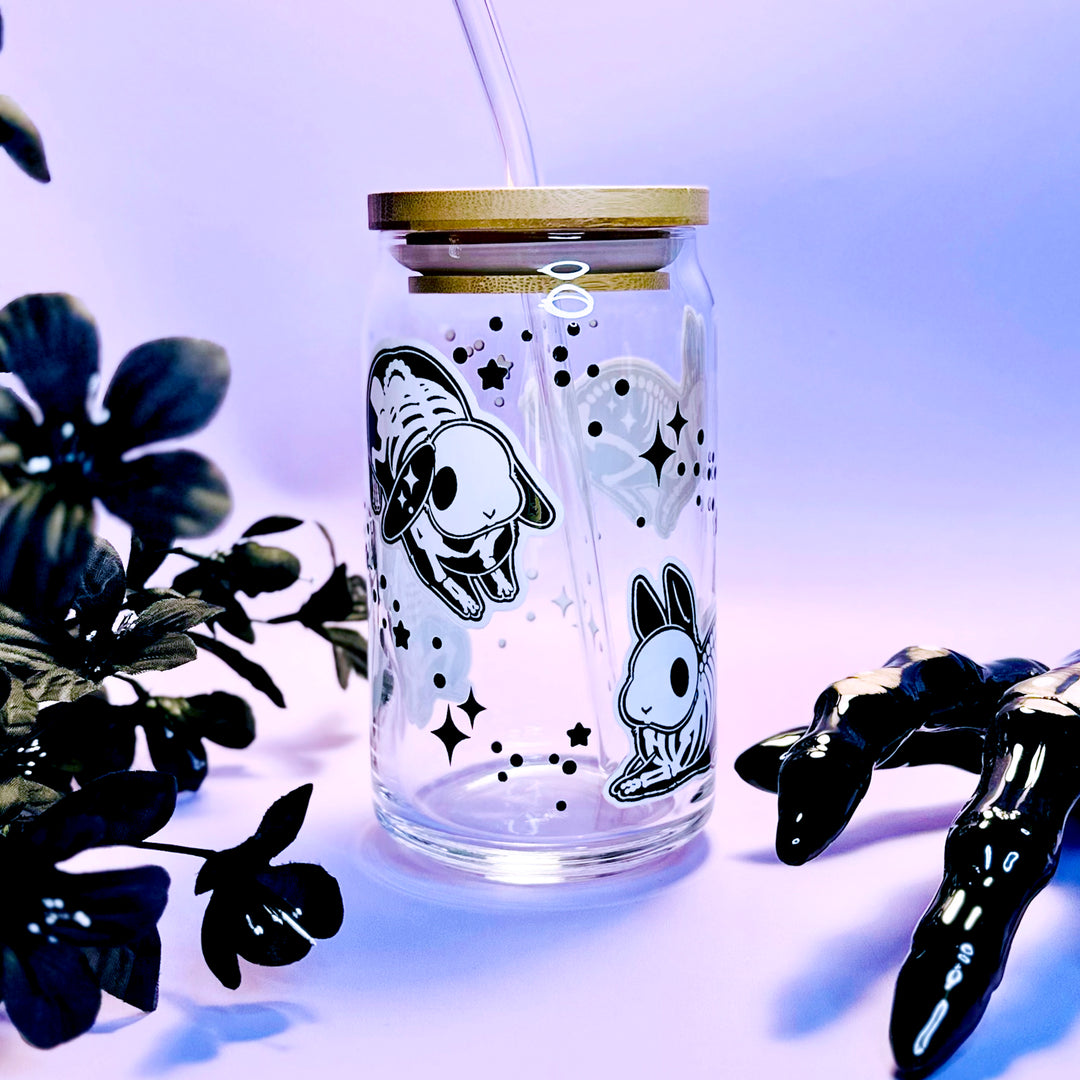 Skeleton Bunny Glass with Lid and Straw