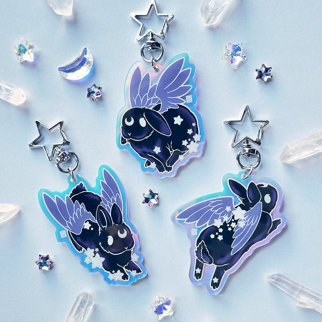 Star Chaser Bunny Leaping Iridescent Keychain - Black