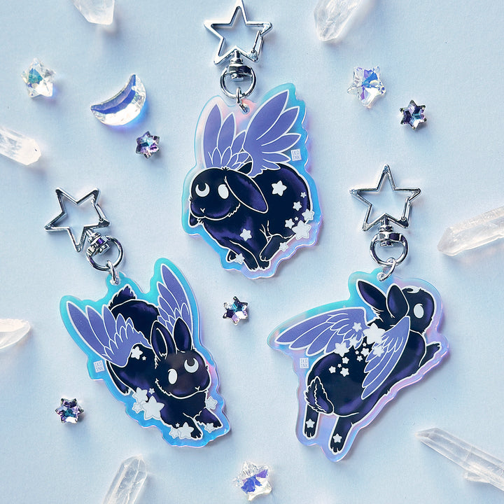 Star Chaser Bunny Leaping Iridescent Keychain - Black