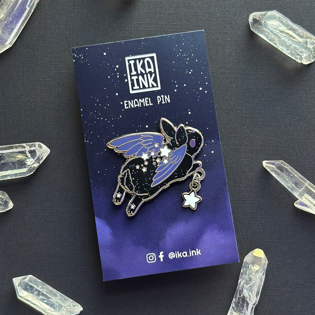 Black Star Chaser Bunny Leaping Enamel Pin