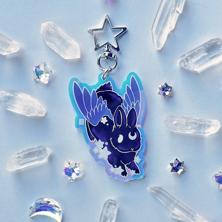 Star Chaser Bunny Bowing Iridescent Keychain - Black