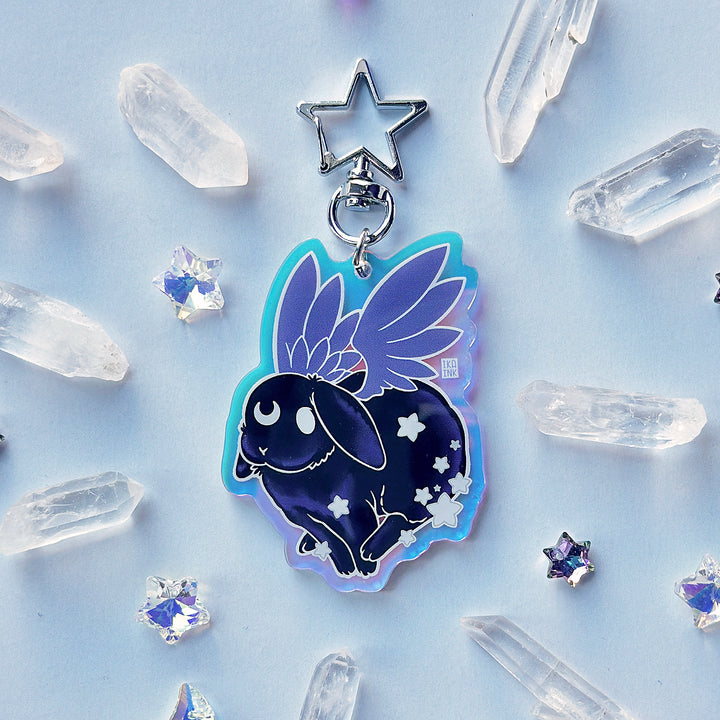 Star Chaser Bunny Running Iridescent Keychain - Black