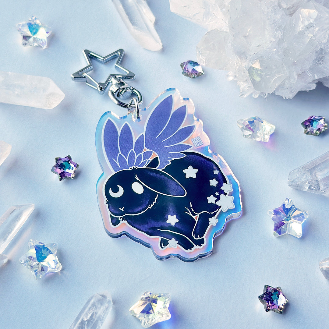 Star Chaser Bunny Running Iridescent Keychain - Black