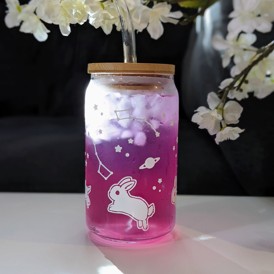 Stellar Constellation Bunny Glass with Lid and Straw